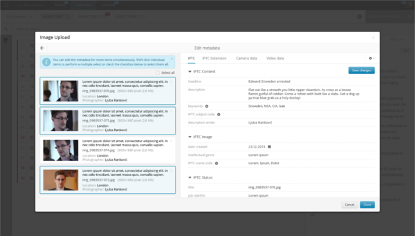 Uploading media to the archive is simple and intuitive. Superdesk also makes it easy to add well-defined metadata -- even for multiple items at one. Image data is read automatically.