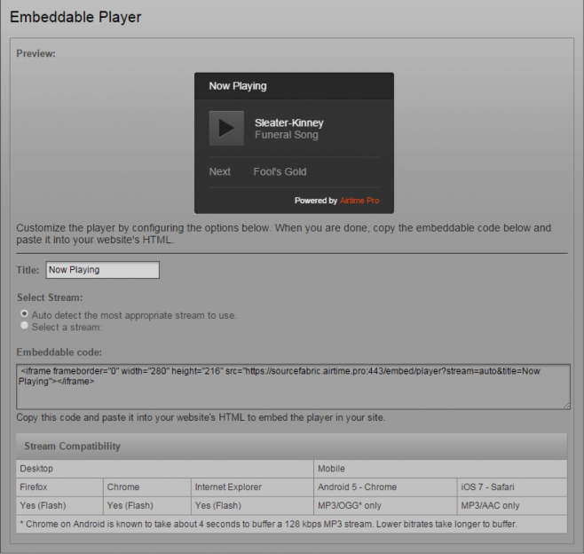 Customization screen for the player widget