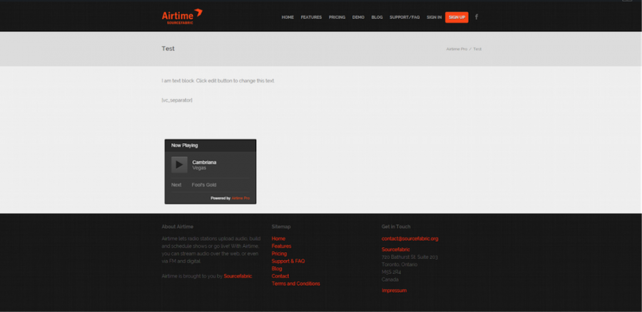Demo page on the Airtime Pro page with the player embedded