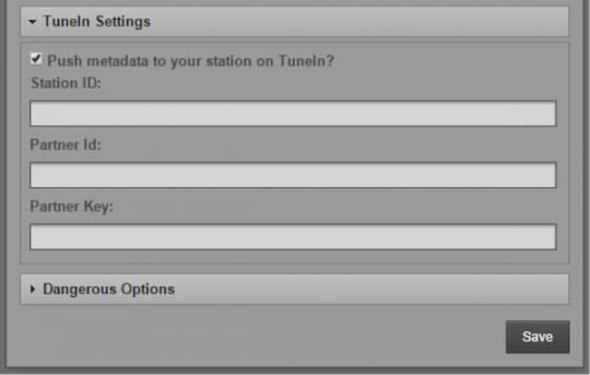 The TuneIn Settings panel, under System->Preferences inside Airtime