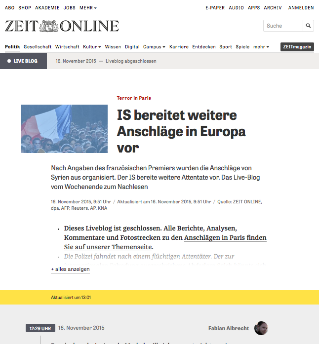 Live Blog in action on the ZEIT ONLINE website